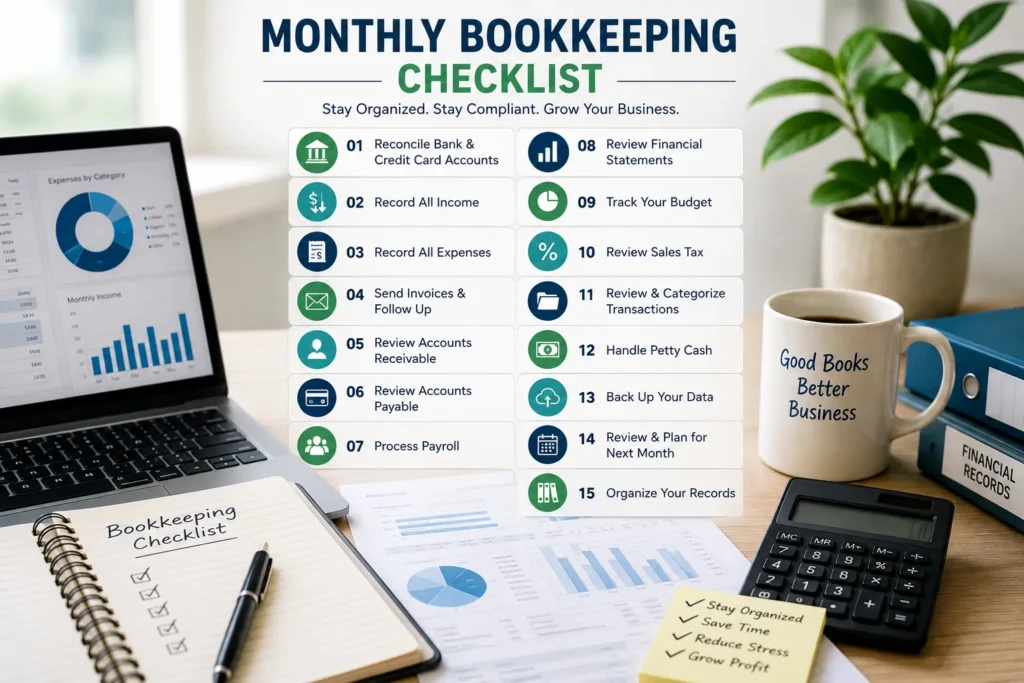 Illustration of a monthly bookkeeping checklist showing 15 essential bookkeeping tasks for managing business finances, payroll, invoices, and financial statements.